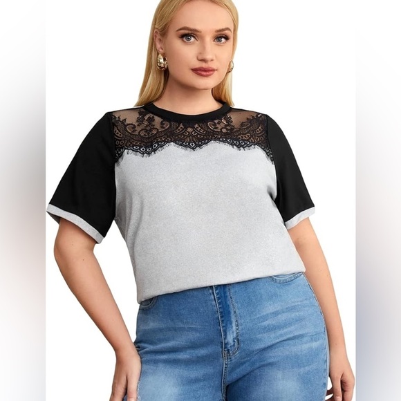 SHEIN Curve 1X Lace Embellished Short Sleeve Tee - Picture 1 of 6